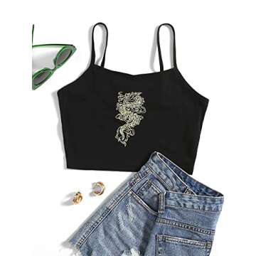 SweatyRocks Women's Casual Basic Dragon Print Spaghetti Strap Crop Cami Top Black M