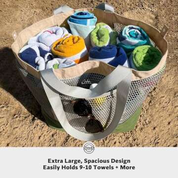 STOVER Extra Large Mesh Nylon Beach Bag, Vacation, Pool, Shopping, Toy, & Travel Tote - Foldable w/S...