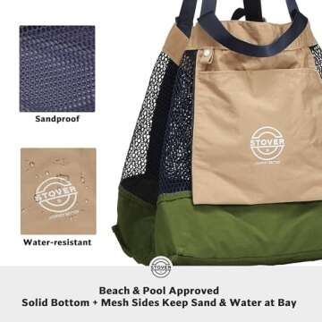 STOVER Extra Large Mesh Nylon Beach Bag, Vacation, Pool, Shopping, Toy, & Travel Tote - Foldable w/Storage Pouch & Pockets for Women, Men & Families – Heavy-Duty and Water-Resistant (Army Green/Blue)