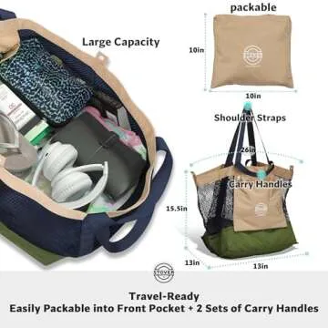 STOVER Extra Large Mesh Nylon Beach Bag, Vacation, Pool, Shopping, Toy, & Travel Tote - Foldable w/Storage Pouch & Pockets for Women, Men & Families – Heavy-Duty and Water-Resistant (Army Green/Blue)