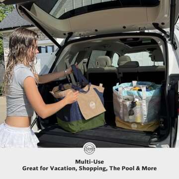 STOVER Extra Large Mesh Nylon Beach Bag, Vacation, Pool, Shopping, Toy, & Travel Tote - Foldable w/Storage Pouch & Pockets for Women, Men & Families – Heavy-Duty and Water-Resistant (Army Green/Blue)