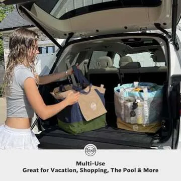 STOVER Extra Large Mesh Nylon Beach Bag, Vacation, Pool, Shopping, Toy, & Travel Tote - Foldable w/Storage Pouch & Pockets for Women, Men & Families – Heavy-Duty and Water-Resistant (Army Green/Blue)