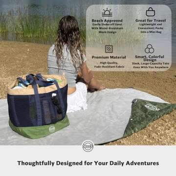 STOVER Extra Large Mesh Nylon Beach Bag, Vacation, Pool, Shopping, Toy, & Travel Tote - Foldable w/Storage Pouch & Pockets for Women, Men & Families – Heavy-Duty and Water-Resistant (Army Green/Blue)
