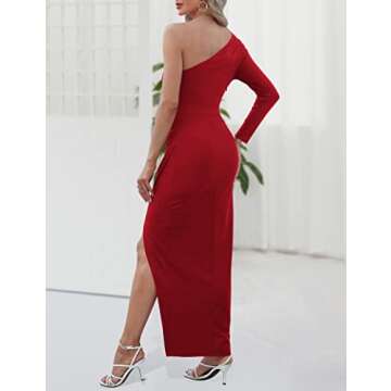 Sarin Mathews Womens One Shoulder Long Sleeve Cocktail Dresses Sexy Bodycon Ruched Wrap Split Party Formal Long Dress Red M