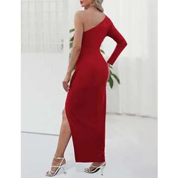 Sarin Mathews Womens One Shoulder Long Sleeve Cocktail Dresses Sexy Bodycon Ruched Wrap Split Party Formal Long Dress Red M