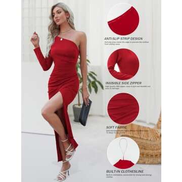 Sarin Mathews Womens One Shoulder Long Sleeve Cocktail Dresses Sexy Bodycon Ruched Wrap Split Party Formal Long Dress Red M