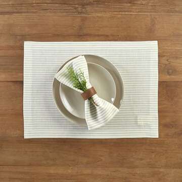 Solino Home Stripe Linen Napkins Set of 4 – 100% Pure Linen Sage and White Cloth Napkins 20 x 20 I...