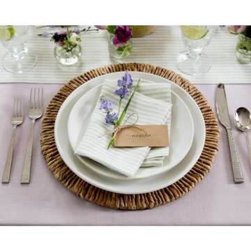 Solino Home Stripe Linen Napkins Set of 4 – 100% Pure Linen Sage and White Cloth Napkins 20 x 20 Inch – Farmhouse Washable Fabric Dinner Napkins for Spring – Narrow Stripe