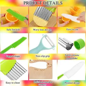 MIKIMIQI 11 PCS Kids Kitchen Knife Set, Wooden Kids Knife Safe Knives for Real Cooking Serrated Edges Children Cooking Utensils Tools Plastic Knife for Toddlers with Potato Slicers Cutting Board