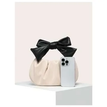 Verdusa Women's Ruched Hobo Handbag Cute Bow Clutch Purse Small Leather Top Handle Bags Apricot One-Size