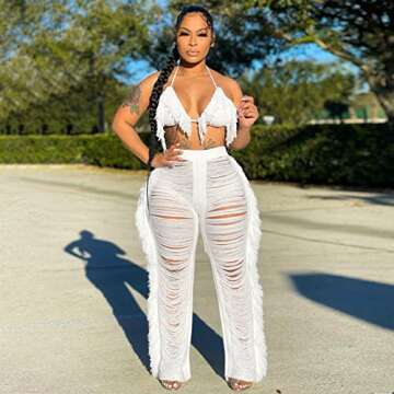 Ophestin Women's 2 Piece Halter Fringe Jumpsuit Set