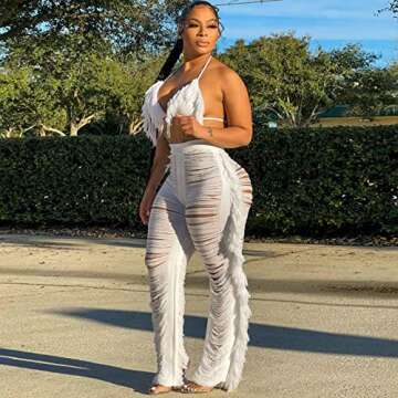 Ophestin Women's 2 Piece Halter Fringe Jumpsuit Set