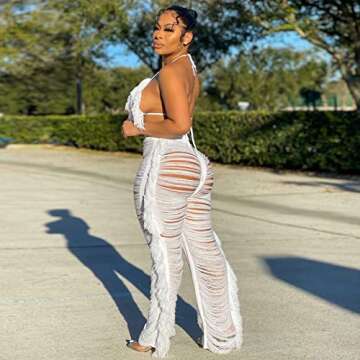 Ophestin Women's 2 Piece Halter Fringe Jumpsuit Set