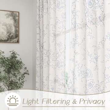 Blue Floral Curtains 108 inch Length Back Tab Farmhouser Living Room Light Filtering Curtains Blue Pattern Print on Cream White Linen Curtain Panel Minimalist Aesthetic Sketch Style Vintage Room Decor