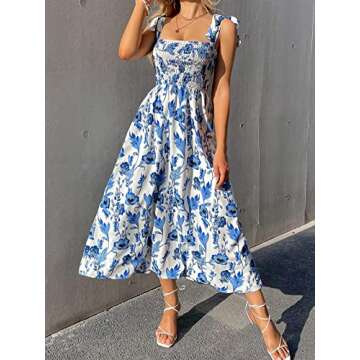 MakeMeChic Women's Summer Boho Dress Casual Floral Print Spaghetti Strap Square Neck Long Maxi Dress Beach Sun Dress A Blue and White S