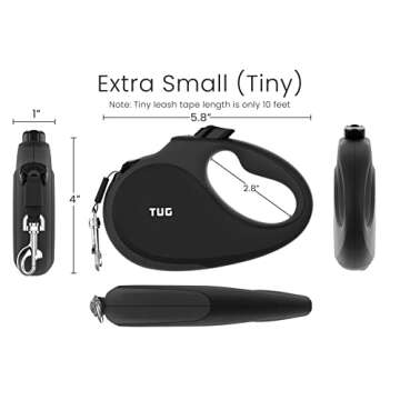 TUG Tiny 360° Tangle-Free Retractable Dog Leash with Anti-Slip Handle | 10 ft Nylon Tape | One-Handed Brake, Pause, Lock (Black/Grey)