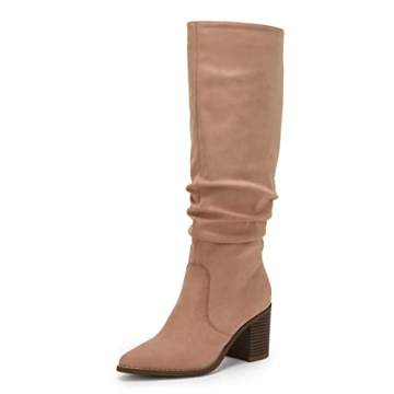 Huiyuzhi Women's Stylish Pointed Toe Faux Suede Knee High Boots with Mid Chunky Heel