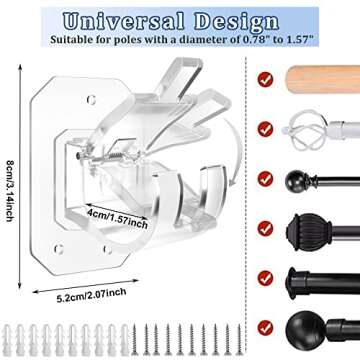 8PCS Upgraded No Drill Curtain Rod Brackets No Drilling Curtain Rod Holders Self Adhesive Curtain Ro...