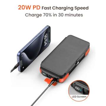 SOARAISE Solar Charger 25000mAh Wireless Portable Charger, 20W Fast Charging Power Bank with Built-in 3 Cables, PD QC 3.0 Phone Battery Pack with 4 Solar Panels & Flashlights for Camping