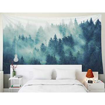 EMMTEEY Forest Tapestry Green Nature Tapestry 80X60 Inches Durable Scenic Mountain Foggy Fir Pine Mi...