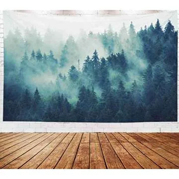 EMMTEEY Forest Tapestry Green Nature Tapestry 80X60 Inches Durable Scenic Mountain Foggy Fir Pine Misty Forest Tapestries Perfect Wall Art for Bedroom,Living Room and Outdoor Use