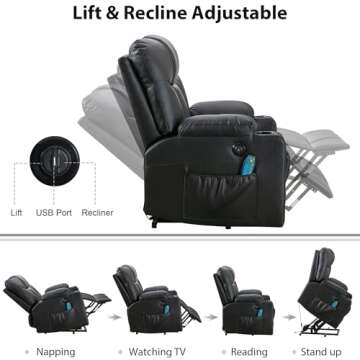 Bonzy Home 26" Extra Wide Lift Recliner Chair with Heat and Massage, Faux Leather Power Lift Chair Massage Chair for Adults Elderly, Upholstered Recliner Chairs with 2 Cup Holders, Side Pocket