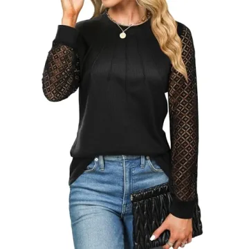 Blooming Jelly Women's Waffle Knit Tops Dressy Business Casual Blouses Black Lace Long Sleeve Work S...