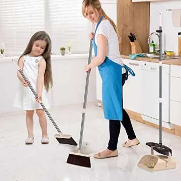 Mosuch Broom and Dustpan Set Extendable Long Handle Brooms Upright Standing Dustpans Lightweight Stainless Self-Clean Soft Broom Combo for Home Indoor Kitchen Lobby Office Living Room