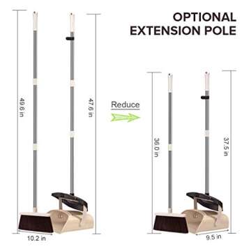 Mosuch Broom and Dustpan Set Extendable Long Handle Brooms Upright Standing Dustpans Lightweight Stainless Self-Clean Soft Broom Combo for Home Indoor Kitchen Lobby Office Living Room