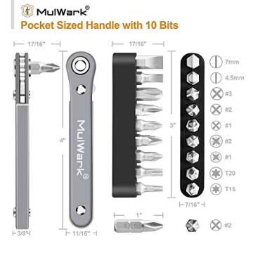 MULWARK 11pc Right Angle Screwdriver 1/4 Mini Ratchet Wrench Close Quarters Pocket Screwdriver Set with High Torque & Low Profile- EDC Tool with 90 Degree Mini Offset Reversible Drive Handle