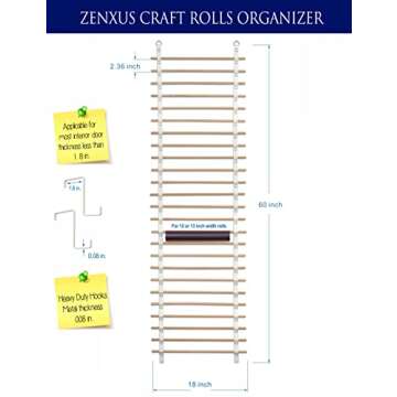 ZENXUS Vinyl Roll Holder, 25 Rolls, Craft Roll Storage and Organizer, Cotton Straps and Wood Dowels, with Door Hanging Hooks