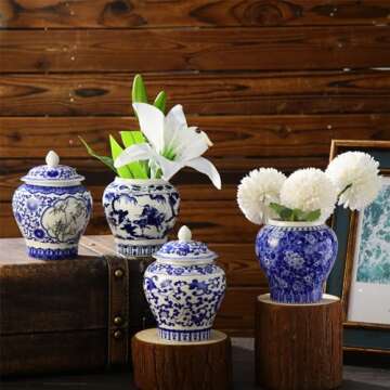 Hushee Small Blue and White Vase Porcelain Vases Blue Chinoiserie Decor Porcelain Ginger Jars for Home Chinoiserie Decor for Bedroom Table Accent Shelf Tabletop(Retro,4 Pcs)