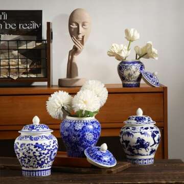 Hushee Small Blue and White Vase Porcelain Vases Blue Chinoiserie Decor Porcelain Ginger Jars for Home Chinoiserie Decor for Bedroom Table Accent Shelf Tabletop(Retro,4 Pcs)
