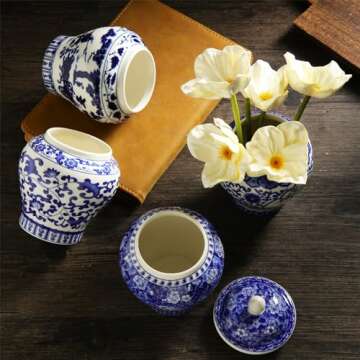 Hushee Small Blue and White Vase Porcelain Vases Blue Chinoiserie Decor Porcelain Ginger Jars for Home Chinoiserie Decor for Bedroom Table Accent Shelf Tabletop(Retro,4 Pcs)