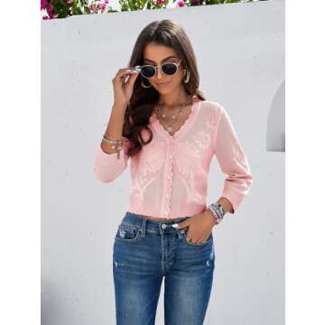 Kate Kasin Women's 3/4 Sleeve Cardigans Sweater Soft Lightweight V Neck Button Down Crochet Knit Textured Shrugs for Dress Pink Small