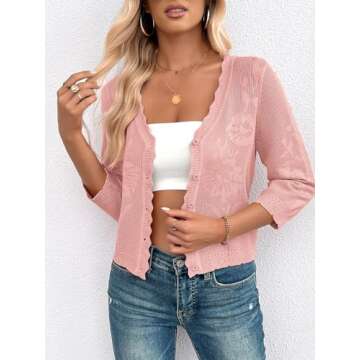 Kate Kasin Women's 3/4 Sleeve Cardigans Sweater Soft Lightweight V Neck Button Down Crochet Knit Textured Shrugs for Dress Pink Small