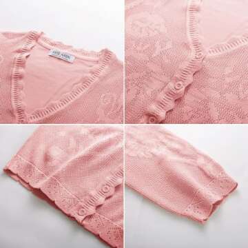 Kate Kasin Women's 3/4 Sleeve Cardigans Sweater Soft Lightweight V Neck Button Down Crochet Knit Textured Shrugs for Dress Pink Small