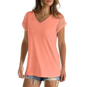 Aokosor Womens Summer Tops 2025 Trendy Short Sleeve V Neck T Shirts for Women Spring Cruise Outfits Coral M