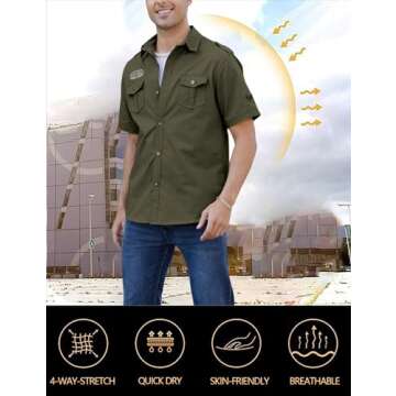 Gihuo Men Shirt Short Sleeve Military Button Down Army Tactical Shirt Utility Cargo Work Uniform Shirt Tops (Medium, Army Green)