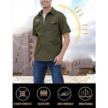 Gihuo Men Shirt Short Sleeve Military Button Down Army Tactical Shirt Utility Cargo Work Uniform Shirt Tops (Medium, Army Green)