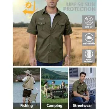 Gihuo Men Shirt Short Sleeve Military Button Down Army Tactical Shirt Utility Cargo Work Uniform Shirt Tops (Medium, Army Green)