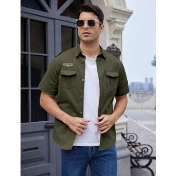 Gihuo Men Shirt Short Sleeve Military Button Down Army Tactical Shirt Utility Cargo Work Uniform Shirt Tops (Medium, Army Green)