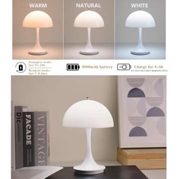Mgchayoli Modern Cordless Wireless Portable Rechargeable Small Mushroom Table Lamps Cute Mini Dimmable Touch Battery LED Desk Lamp Living Room Bedroom Bedside Nightstand Side Table Home Decor White