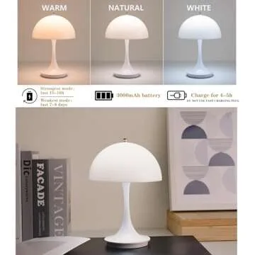 Mgchayoli Modern Cordless Wireless Portable Rechargeable Small Mushroom Table Lamps Cute Mini Dimmable Touch Battery LED Desk Lamp Living Room Bedroom Bedside Nightstand Side Table Home Decor White