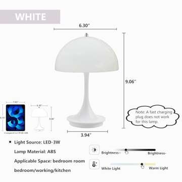 Mgchayoli Modern Cordless Wireless Portable Rechargeable Small Mushroom Table Lamps Cute Mini Dimmable Touch Battery LED Desk Lamp Living Room Bedroom Bedside Nightstand Side Table Home Decor White