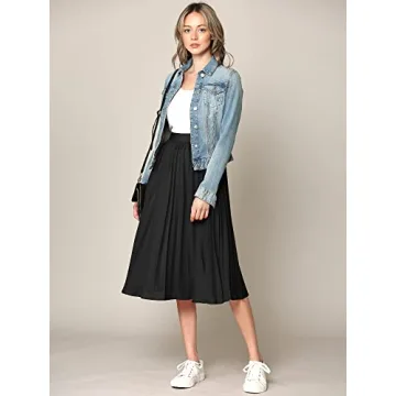 Made By Johnny WB2371 Women's High Elastic Waist Pleated Mid A-Line Swing Skirt M Black