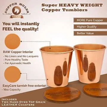 Pure Copper Pitcher (70 oz, 2 Liter) Handcrafted with Lid & Set of 2 Incredible Drinking Tumblers in Timeless Smooth Finish, Raw Interior for For Ayurveda Health