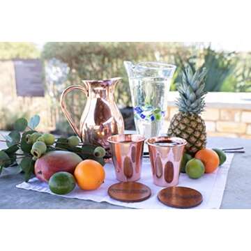 Pure Copper Pitcher (70 oz, 2 Liter) Handcrafted with Lid & Set of 2 Incredible Drinking Tumblers in Timeless Smooth Finish, Raw Interior for For Ayurveda Health