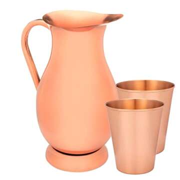 Pure Copper Pitcher (70 oz, 2 Liter) Handcrafted with Lid & Set of 2 Incredible Drinking Tumblers in Timeless Smooth Finish, Raw Interior for For Ayurveda Health