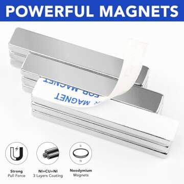 MIKEDE Strong Rare Earth Neodymium Magnets, Heavy Duty Bar Magnets with Double-Sided Adhesive, Powerful Pull Force, Perfect for Fridge, Garage, Kitchen, Science, Craft, Office, DIY 60x10x3mm 6pack